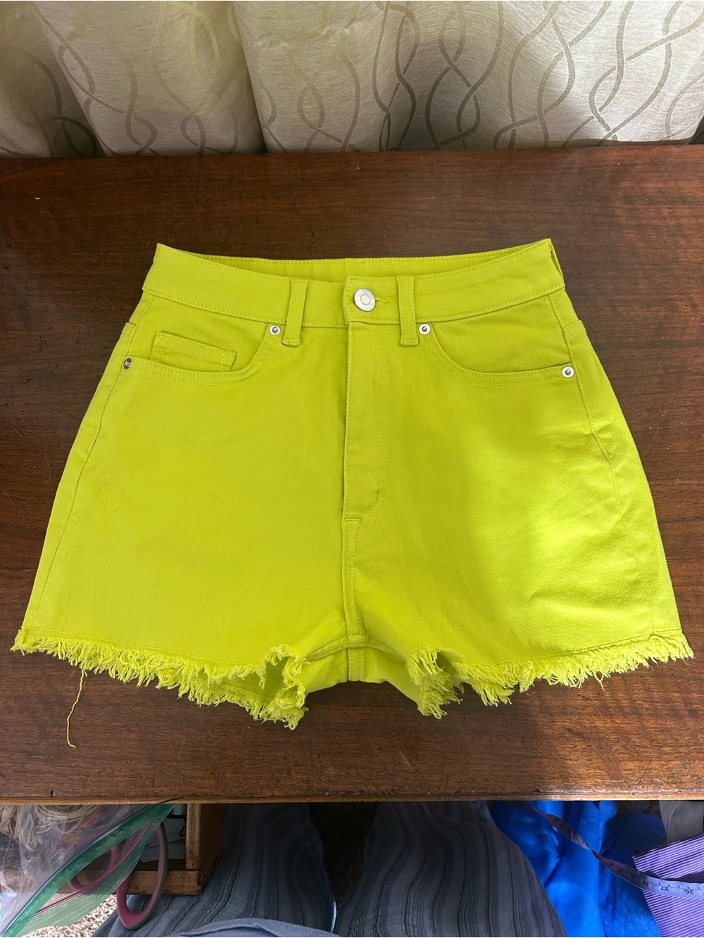 NOBO Neon Yellow High-Waist Frayed Hem Women's Shorts